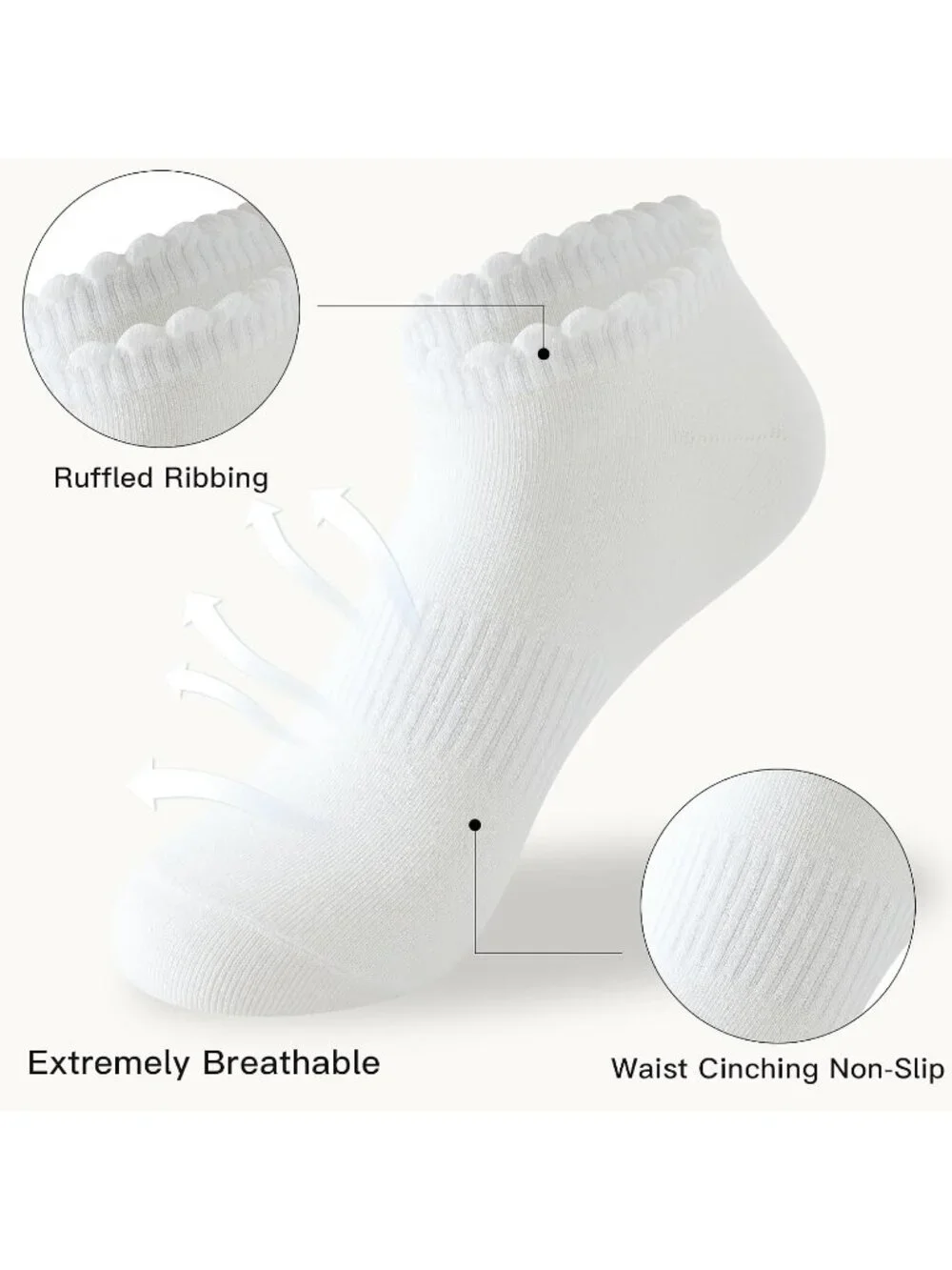 🧦Women's All White No Show Socks Low Cut Non Slip Ruffle Ankle Socks 6 Pairs